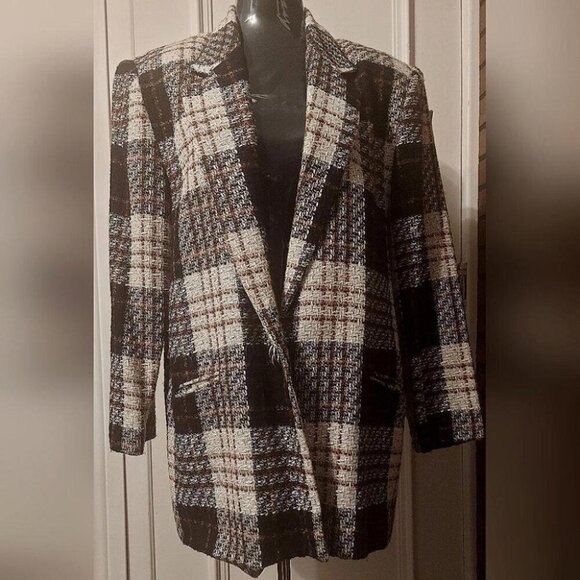 Dark Academia Blazer Oversized Tweed Plaid Vintage 90s Boyfriend - Picture 3 of 12